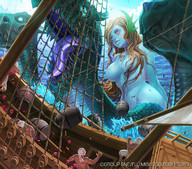 breasts drawing blonde color long_hair destruction water ocean pink_eyes monster boats monster_girl necklace ships scales barrels