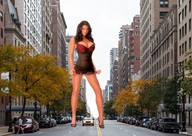 breasts giantess collage city mega cleavage high_heels brunette lingerie legs streets vehicles looking_at_viewer taxi street_view nalim