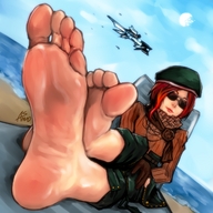 drawing color long_hair toes barefoot gloves red_hair lying_down sunglasses point_of_view coco relaxing rwby asmo-da