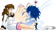drawing feet color long_hair clothed toes barefoot soles blue_hair shoes brunette dress blue_skin foot_play navi looking_down between_feet nail_polish mostlyfunstuff no_background looking_at_tiny the_legend_of_zelda princess_zelda_(the_legend_of_zelda)