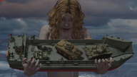giantess blonde long_hair handheld military tank carry lift digital_render