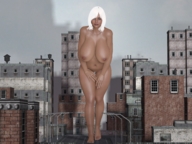 breasts giantess white_hair nude buildings huge_breasts looking_down digital_render dinner-kun