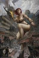 breasts drawing giantess city mega color destruction handheld rampage cleavage bra helicopter giganta red_hair kneeling muscles fire belly rubble thighs sideboob fit leopard_print looking_at_tiny paulobarrios dc_comics