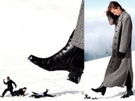 giantess collage brunette brown_eyes smiling boots shrunken_men snow coat looking_at_tiny