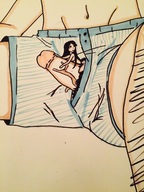 drawing black_hair long_hair penis sitting shrunken_woman boxers no_background xolittleonexo