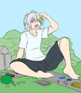drawing vore city color destruction giant barefoot purple_eyes park sitting shorts bus dangle vehicles grey_hair between_fingers source_needed