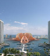 breasts giantess city mega cleavage ocean buildings lying_down unknown_artist boats sky looking_at_viewer pier harbor waterfront