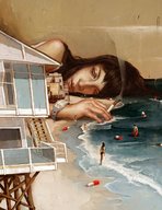 drawing giantess color long_hair beach water ocean brunette lying_down pills coast cigarette passed_out unconscious