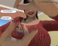 blonde black_hair huge_breasts bondage shrunken_woman ilayhu red_lips dialogue digital_render