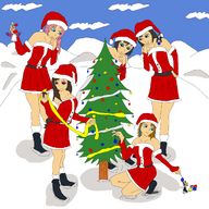 drawing gentle color handheld tifa_lockhart yuna brunette final_fantasy smiling pink_hair kneeling foot_print cloud giantesses snow thighs tidus grey_hair santa_costume christmas_tree on_shoulder looking_at_tiny final7darkness moogle