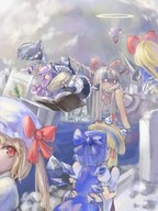 drawing horns wings city destruction saliva touhou unknown_artist crawling izayoi_sakuya ibuki_suika cirno remilia_scarlet giantesses moriya_suwako source_needed patchouli_knowledge reimu_hakurei flandre_scarlet shanghai_doll kirasame_marisa masuchi pyonta