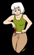 giantess white_hair blue_eyes unknown_artist hand between_fingers gigantica no_background looking_at_tiny edwina