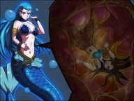 drawing vore color blue_hair brunette mermaid underwater shrunken_woman inside_stomach fairy_tail acerok commission stomach_acid aquarius cana_alberona