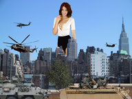 breasts giantess collage city mega buildings helicopter brunette military tank looking_at_viewer new_york_city empire_state_building lauren_cohan