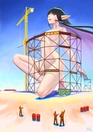 drawing giantess wings black_hair color fairy yellow_eyes construction bellybutton pointed_ears darkmuleth equipment weird_ears pointy_nose