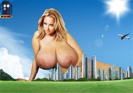 breasts nipples giantess collage city mega blonde huge_breasts smiling lying_down navel belly mountains looking_at_viewer doctor-what