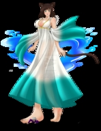 drawing giantess feet tail color barefoot cleavage green_eyes brunette foot_crush looking_down cat_girl migs308