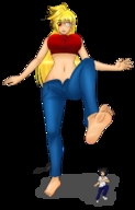 drawing giantess blonde color long_hair barefoot red_eyes looking_down chase commission running_away no_background migs308 heterochromia looking_at_tiny white_eyes marikotohno