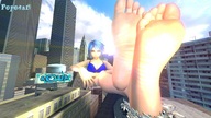 giantess feet city destruction barefoot bra blue_hair sitting looking_at_viewer poposan digital_render