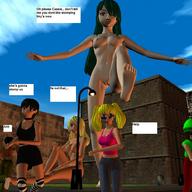 breasts nipples nude pussy blonde blue_eyes toes barefoot soles brunette brown_eyes navel foot_crush belly looking_down giantesses thighs ankles crowds dialogue running_away looking_at_victims imminent_crush digital_render giantess-cassie
