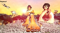 giantess mega black_hair long_hair destruction barefoot purple_hair blue_hair ponytail boots giantesses nail_polish digital_render