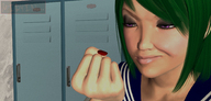 handheld purple_eyes green_hair shrunken_men uniform shrunken_man manicure looking_at_tiny digital_render midyin