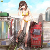 breasts drawing giantess city mega color swimsuit destruction barefoot rampage cleavage brunette train omc brown_eyes asian foot_crush tokyo dirt strolling giantess_tokyo