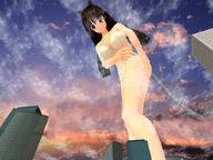 giantess city long_hair swimsuit cat_ears brunette looking_down outdoors digital_render kasuko-san