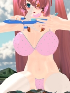 breasts giantess blushing blue_eyes handheld cleavage smiling red_hair navel belly airplane open_mouth thighs manicure thigh_highs looking_at_tiny digital_render kasuko-san