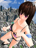 giantess city long_hair swimsuit high_heels cat_ears brunette outdoors digital_render kasuko-san