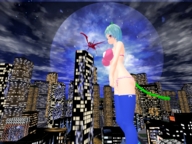 giantess tail city blue_hair cat_ears underwear short_hair night outdoors digital_render kasuko-san