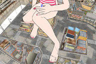giantess city barefoot sitting outdoors nail_polish one_piece_swimsuit joethevenezuelan digital_render