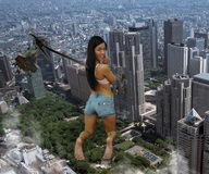 giantess collage feet city mega black_hair long_hair destruction toes barefoot helicopter soles smiling thighs looking_at_viewer source_needed fyerk