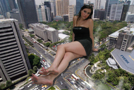 giantess collage feet city barefoot sitting legs streets vehicles looking_at_viewer fyerk