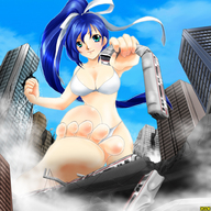 drawing giantess panties city color destruction blue_eyes handheld barefoot bra blue_hair train omc looking_at_viewer raised_foot giantess_tokyo
