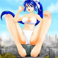 drawing panties city color destruction blue_eyes barefoot bra butt_crush blue_hair omc sitting mega_giantess giantess_tokyo