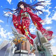 drawing city mega black_hair color destruction red_eyes omc smiling kimono foot_crush clouds tabi_socks strolling giantess_tokyo