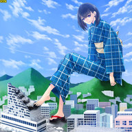 drawing city mega color destruction barefoot brunette purple_eyes omc kimono short_hair sitting mountains giantess_tokyo