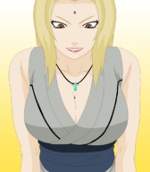drawing blonde long_hair cleavage brown_eyes tsunade unknown_artist shrunken_men shrunken_man looking_down necklace source_needed no_background looking_at_tiny between_breasts