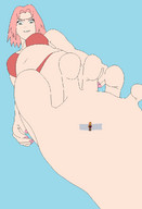 drawing swimsuit ino sakura toes barefoot cleavage soles anime green_eyes smiling red_hair navel belly shrunken_woman looking_down thighs manicure stuck_to_sole looking_at_tiny fantasyuniverses