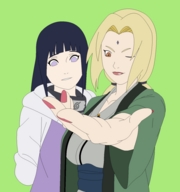 drawing blonde naruto blue_eyes handheld anime brunette brown_eyes tsunade smiling shrunken_man manicure winking looking_at_tiny hinata_hyuga fantasyuniverses naruto_(series)