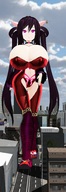 giantess city black_hair helicopter huge_breasts pigtails pink_eyes source_needed digital_render strolling