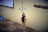 short_hair shrunken_woman height_comparison digital_render tied_back