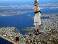 giantess collage destruction high_heels blue_hair short_hair fire walking foot_print hanna peque long_gloves