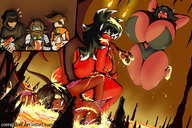 breasts drawing giantess horns tail wings color huge_breasts popcorn fire demoness lava fighting giantesses laser_gun corruptking