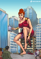 breasts drawing giantess panties city mega upskirt color barefoot green_eyes huge_breasts angry goddess red_hair dress sitting sandals worship looking_down giantessfan crowds bracelet sitting_on_building toga water_tower hair_bun