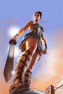 drawing upskirt sword toes brunette sandals amazon looking_down thighs loopydave point_of_view looking_at_viewer ankles