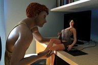 gentle red_hair sitting shrunken_woman looking_at_tiny digital_render stephen_erman