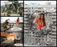 breasts giantess collage city comic long_hair destruction cleavage huge_breasts brunette military story looking_at_viewer daphne_rosen