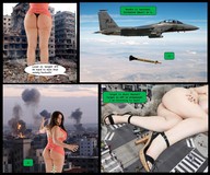 breasts giantess collage city comic long_hair butt destruction huge_breasts brunette military story jets looking_back looking_at_viewer daphne_rosen